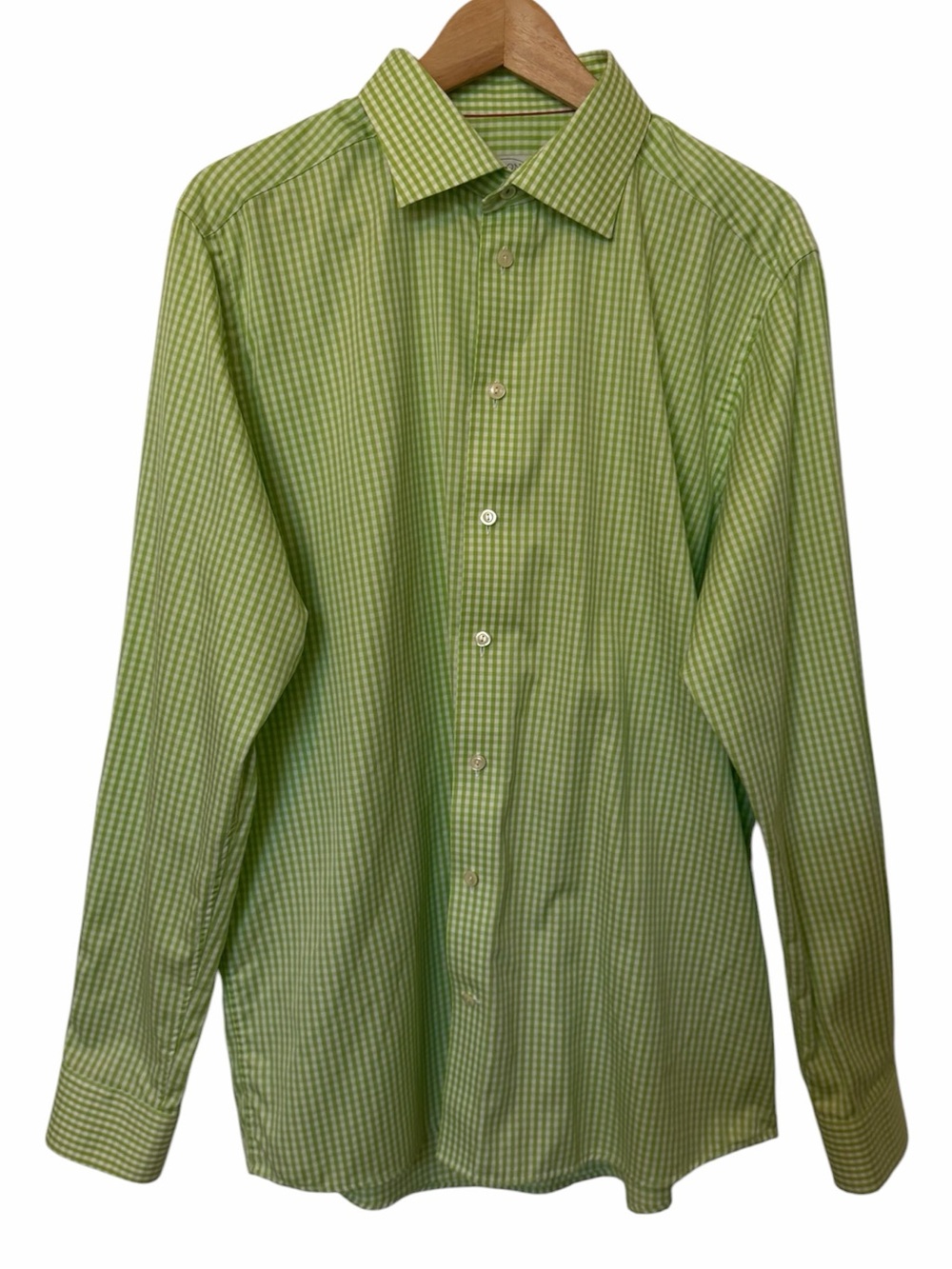 Eton Shirt Mens 17.5 44 Green Gingham 100% Cotton Button Long Slv Lightweight